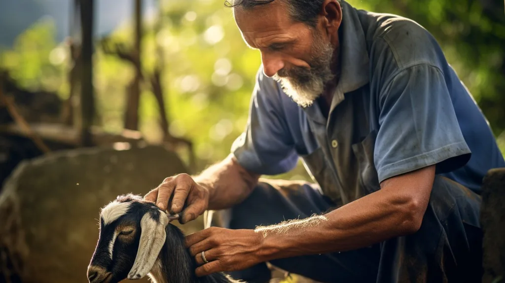 A farmer tending to his sick goat