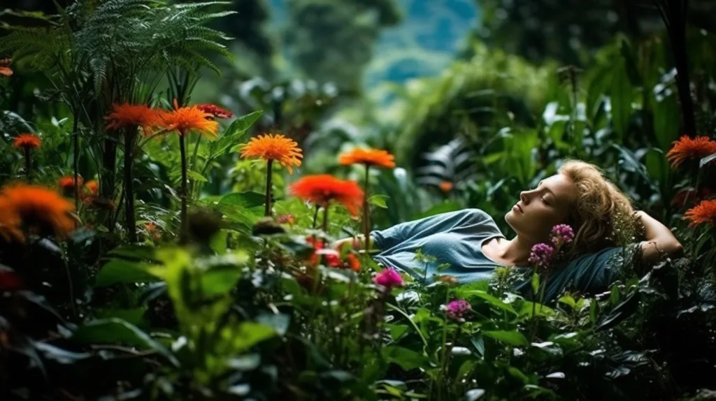 woman laying on top of flowers in the jungle understanding mind-body practices