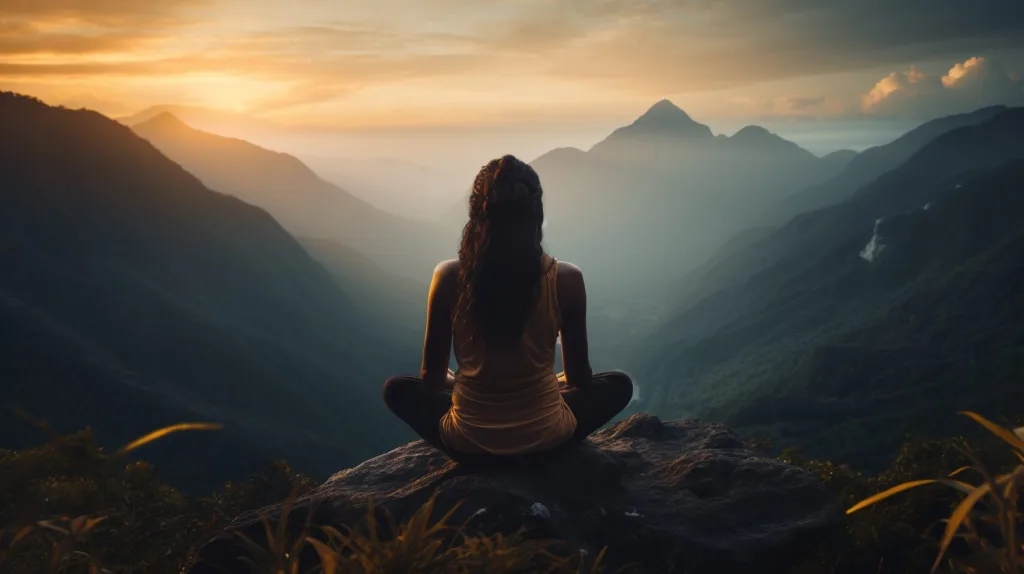 A woman meditating on top of a mountain