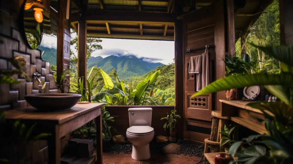 A rustic bathroom with eco-friendly toilets and view of the rainforest