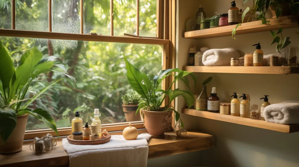 A neatly organized bathroom with rainforest view outside
