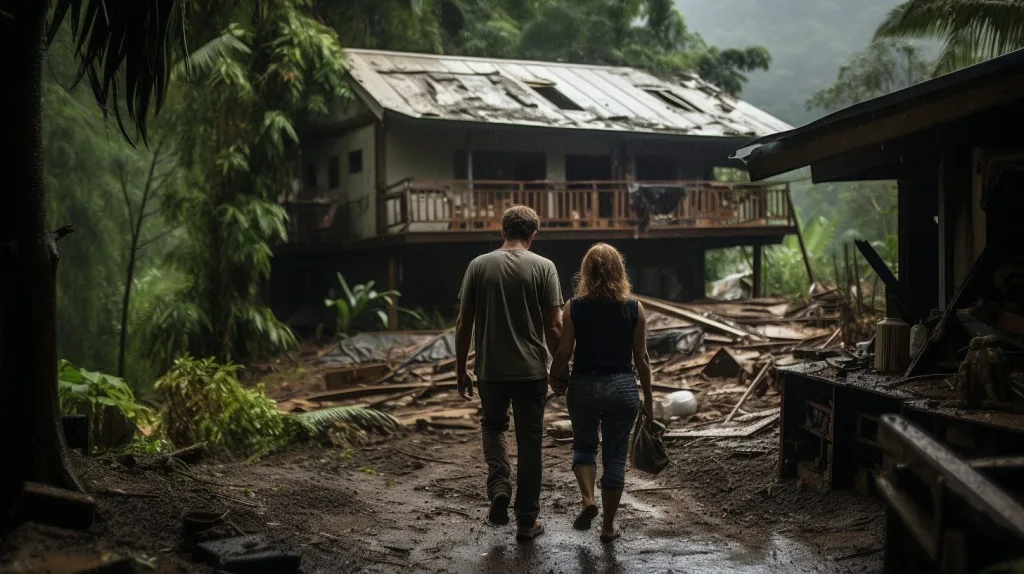 A couple supporting each other after a natural disaster