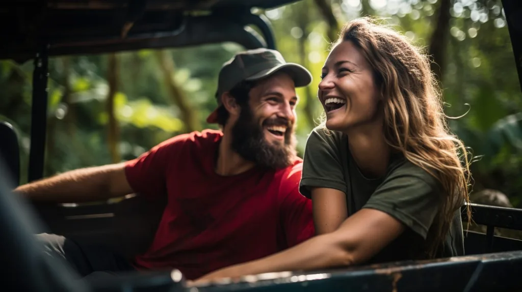 A couple enjoying off-grid transportation in a 4x4 vehicle in the jungle