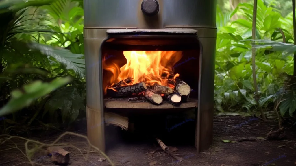 a wood-burning hot water heater outside in the rainforest