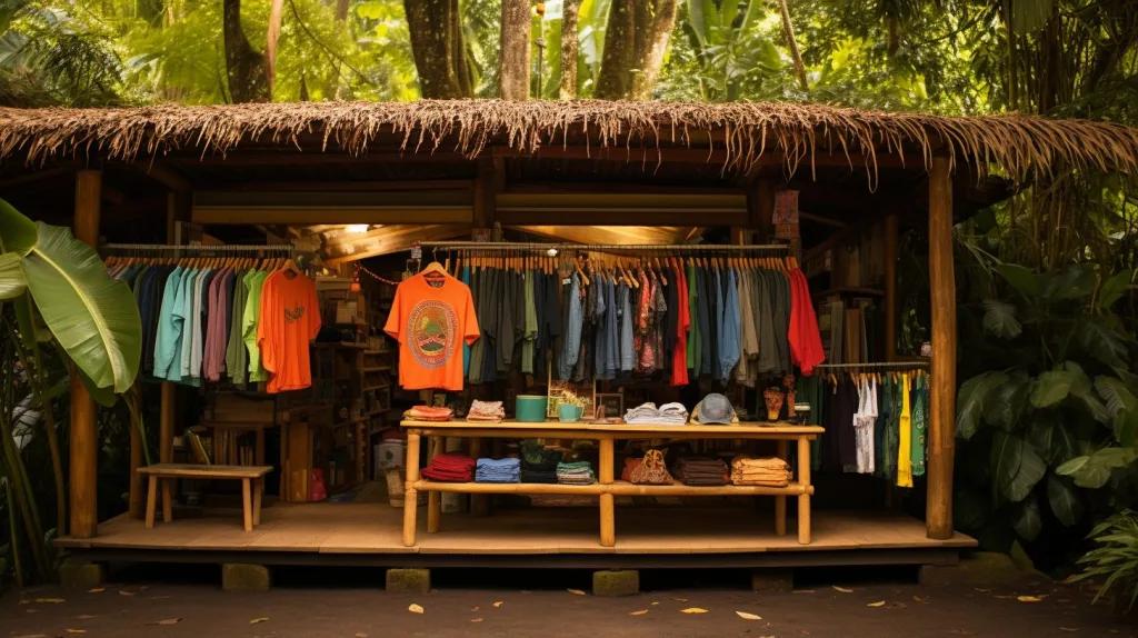 An outside shop in teh rainforest selling apparel 