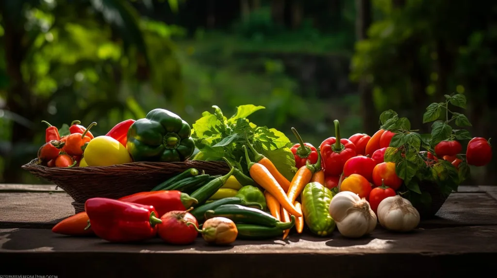 Different vegetables neatly displayed outside on wooden table