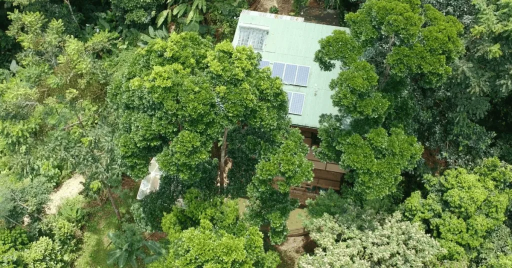 view from above of an off-grid home with solar power and water heating solutions