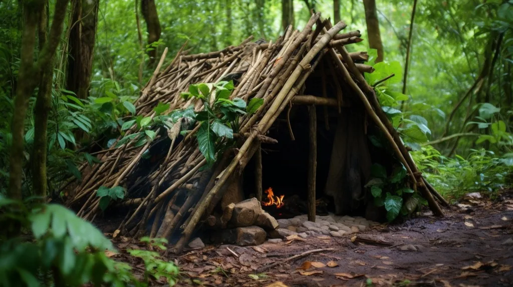 A temporary A-frame shelter in the rainforest 