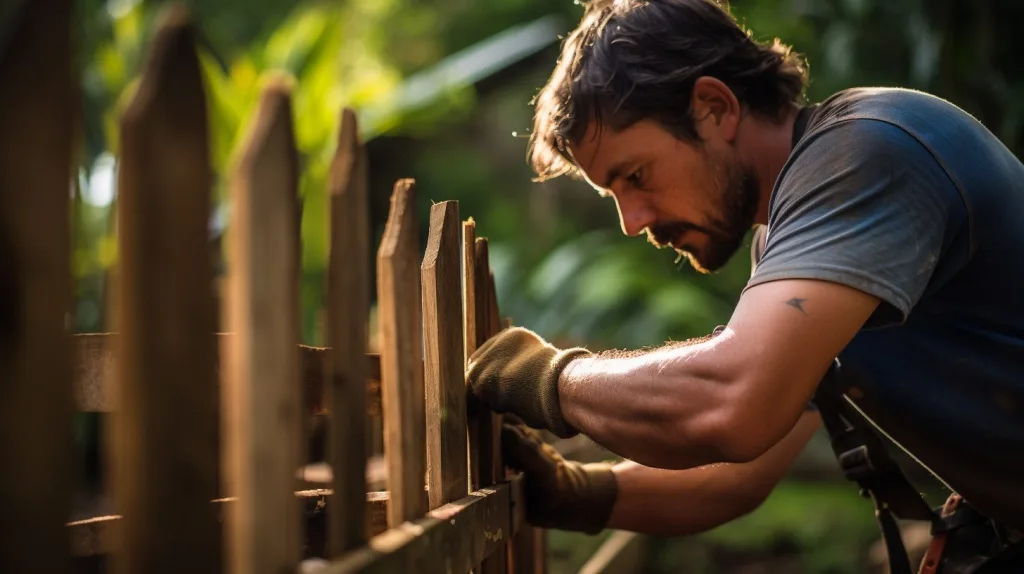 A man building a fence around the chicken coop for protection