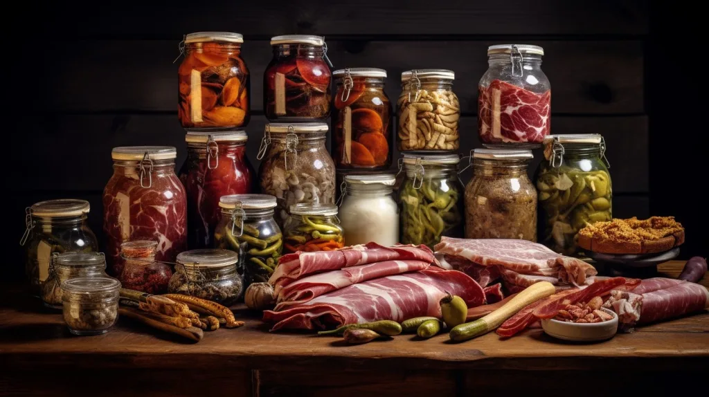 A collection of preserved meat stored in glass jars and neatly on display