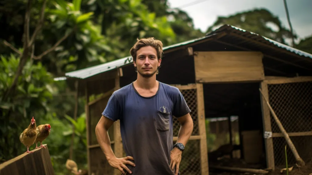 A man standing in front of his newly built chicken budget friendly chicken coop