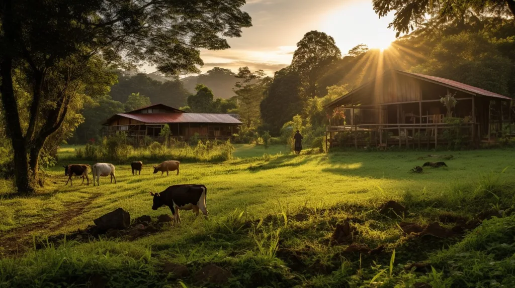 A beautiful sunset on a homestead with livestock outside the home