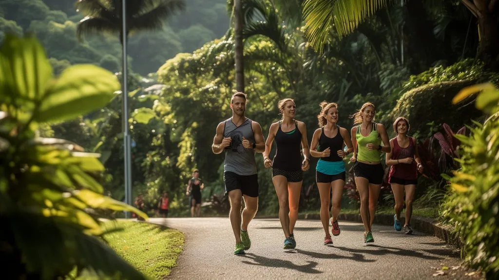 A group of friends running through the park