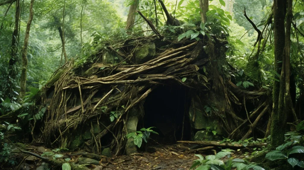A debris style shelter in the jungle