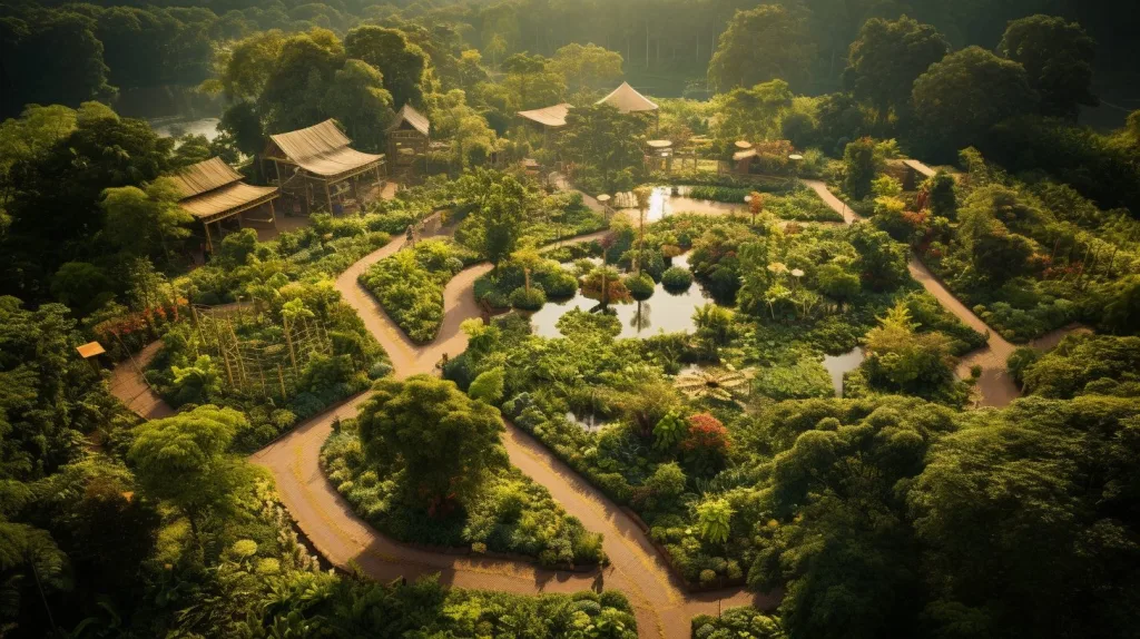 An aerial view of a homestead with a large food forest