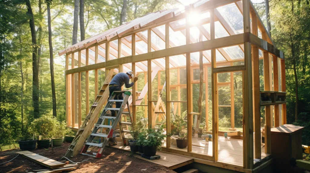 A man installing glass panels on his greenhouse