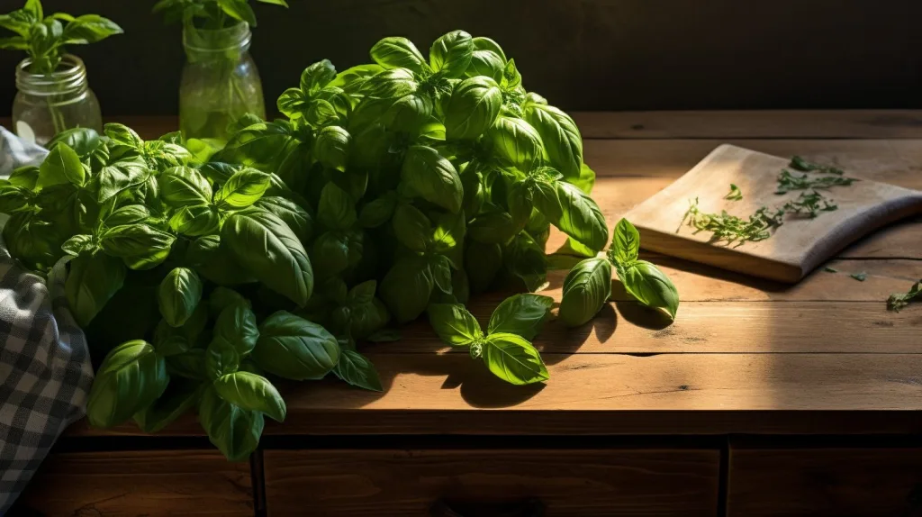 Basil herb on wooden table