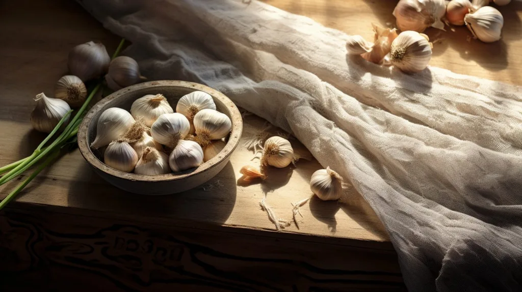 Garlic herb on wooden table