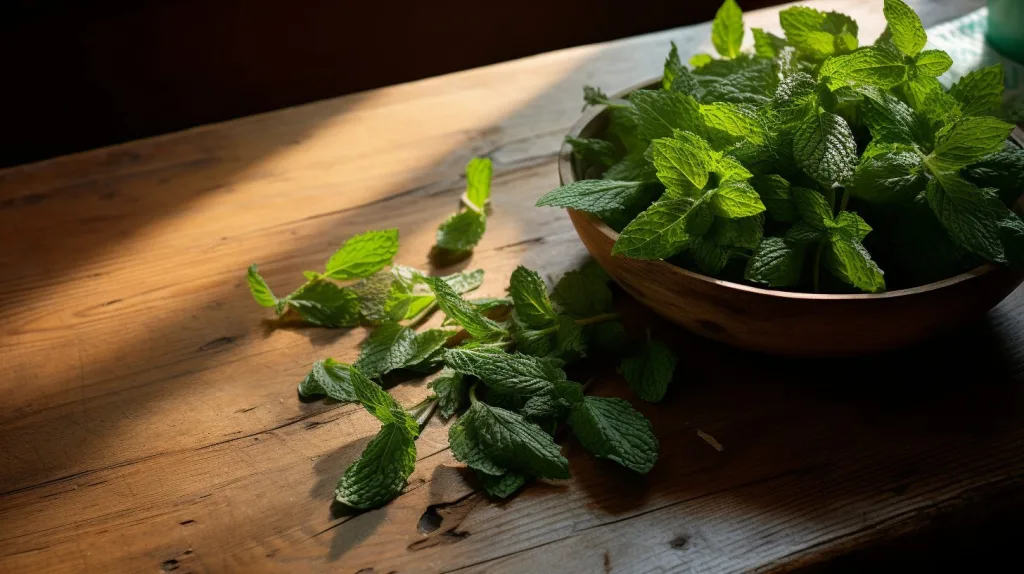 Mint herb on wooden table