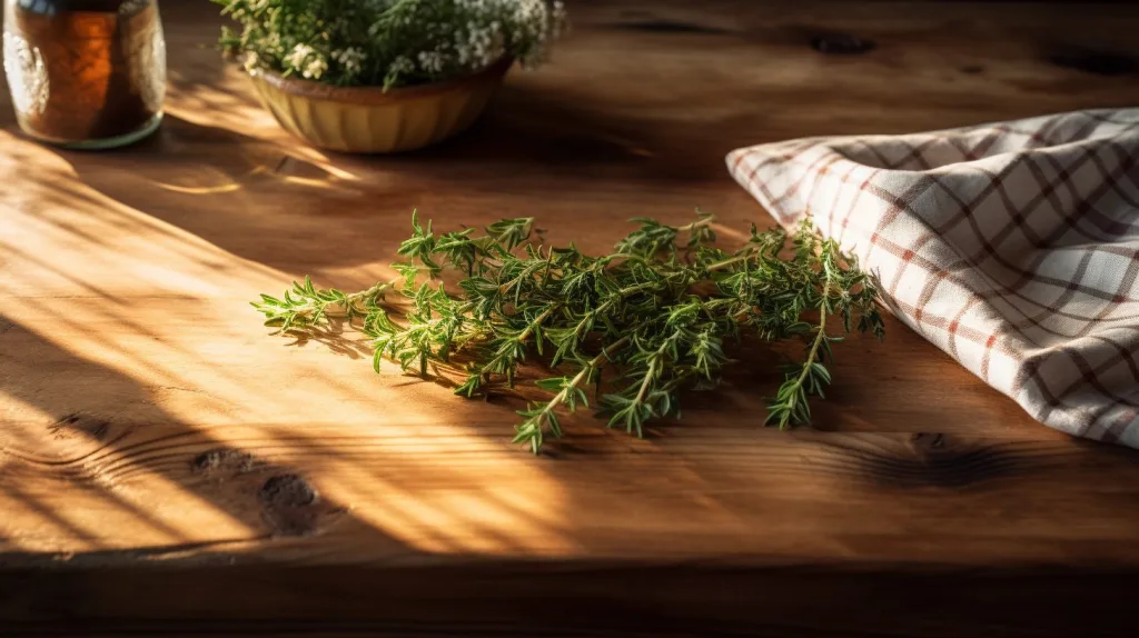 Thyme herb on wooden table