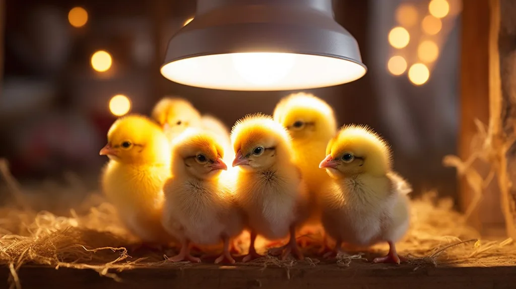 a group of baby chickens huddling together under a heat lamp