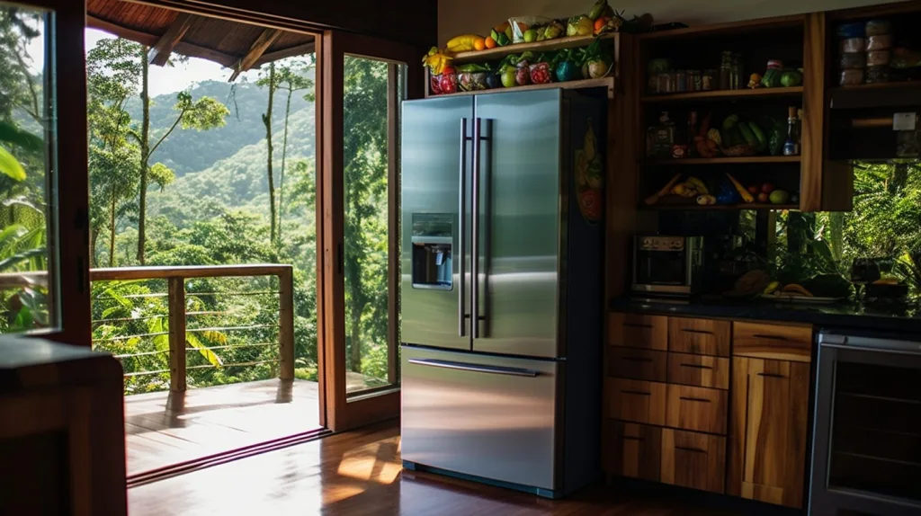 A modern kitchen with sustainable appliances in the rainforest