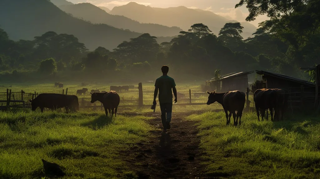 A farmer walking at dusk through a herd of cows