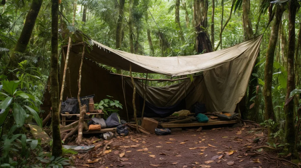 A shelter strung up between two trees