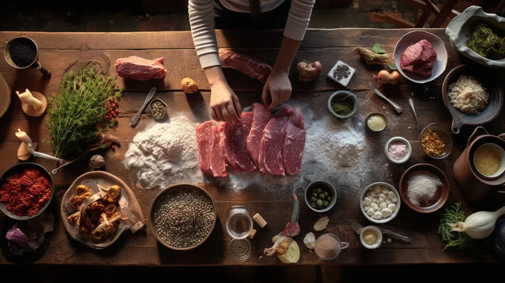 a woman preserving meat at a homestead using seasoning and salt