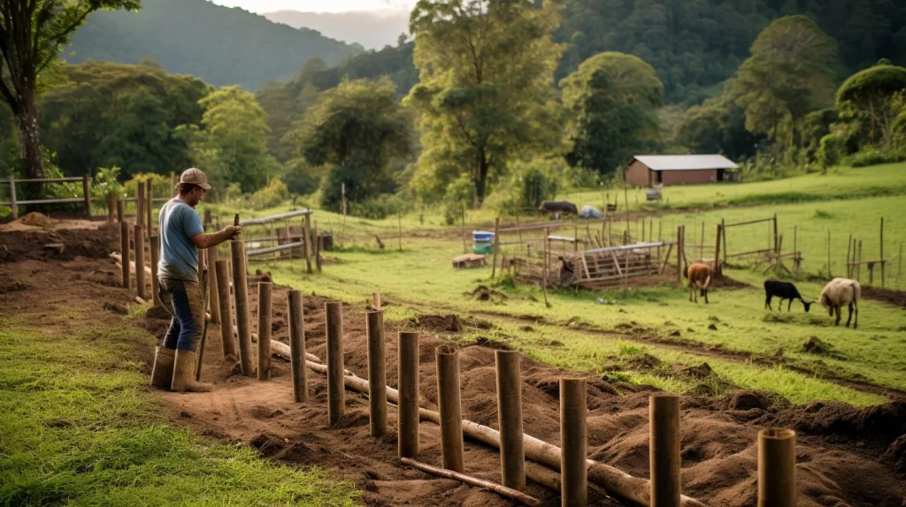 A man installing a fence around his homestead to keep in the livestock