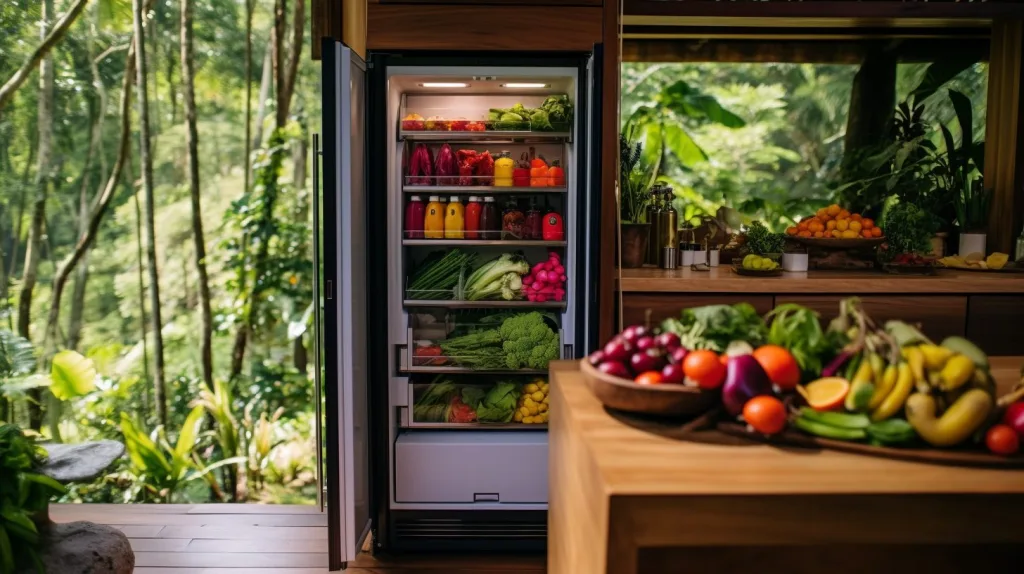 A open fridge door displaying fresh produce inside and around the modern kitchen 