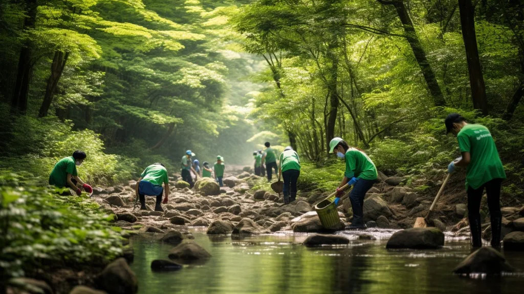 A clean up crew picking up litter in the river