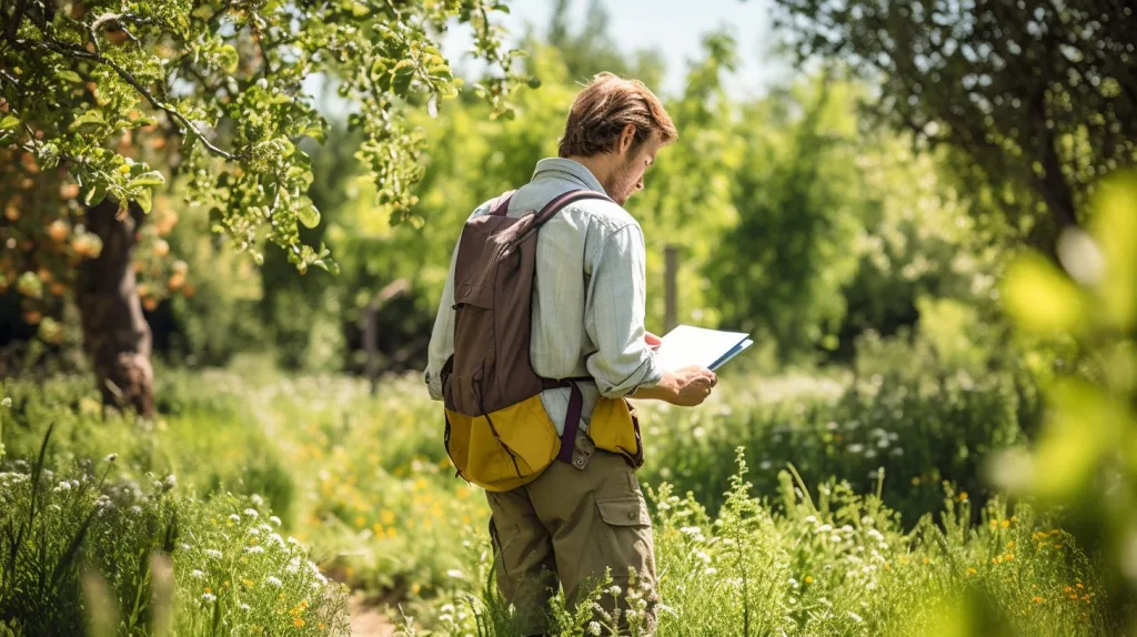 A man surveying his property and planning out a food forest
