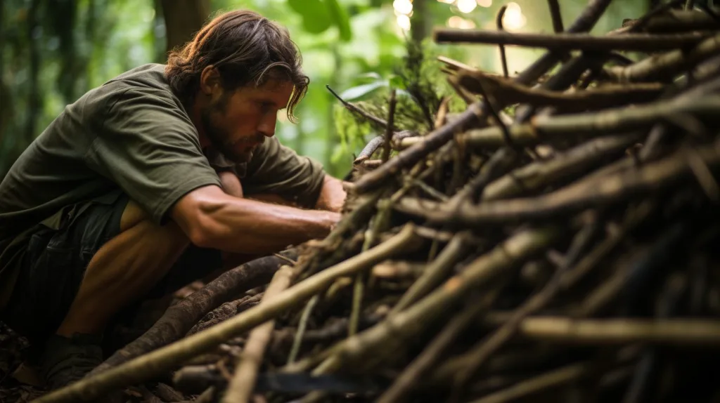 A man Building Temporary Shelters in the rainforest