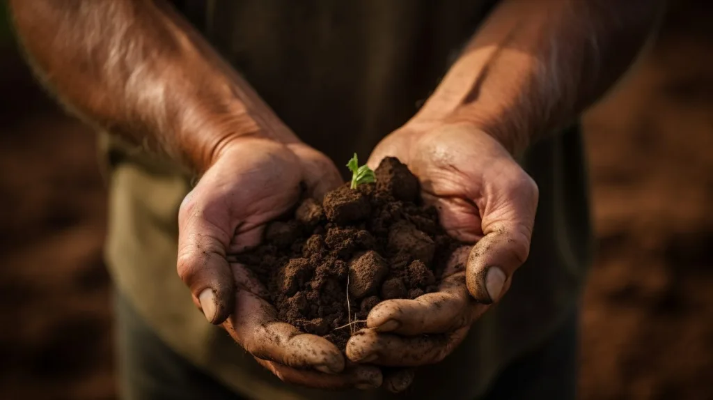 A man holding up a handful of organic healthy soil thanks to Regenerative agriculture