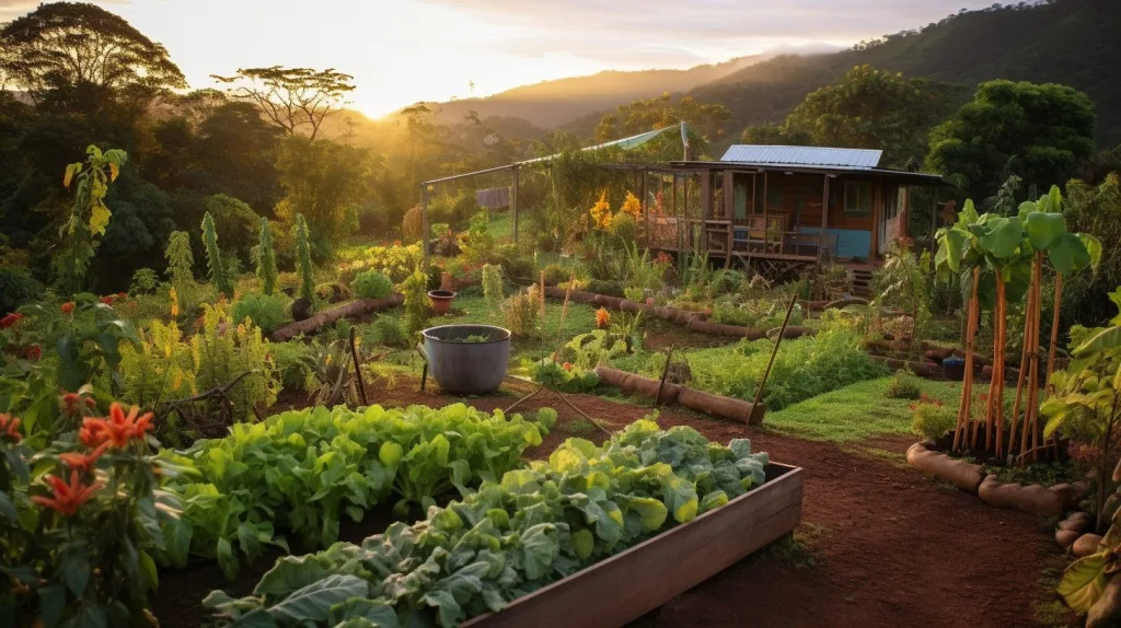 An off-grid homestead with gardens producing fresh produce