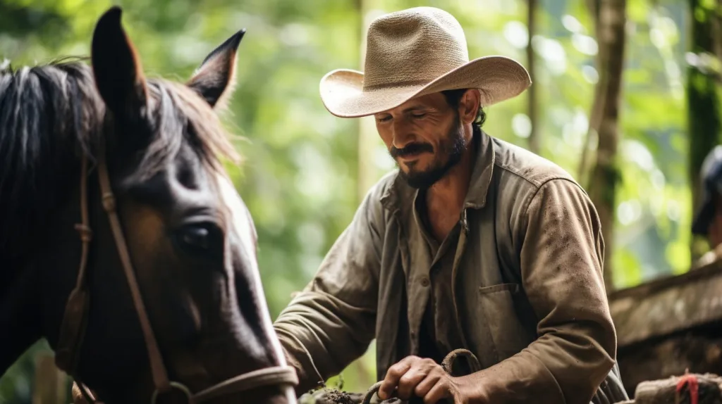 A farmer tending to his horse