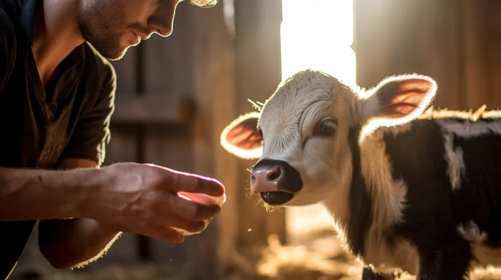A farmer feeding a calf inside his barn