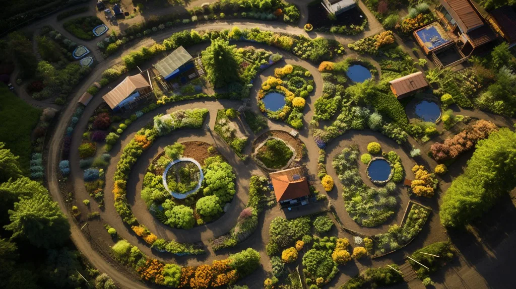 An aerial view of a well thought out Permaculture garden
