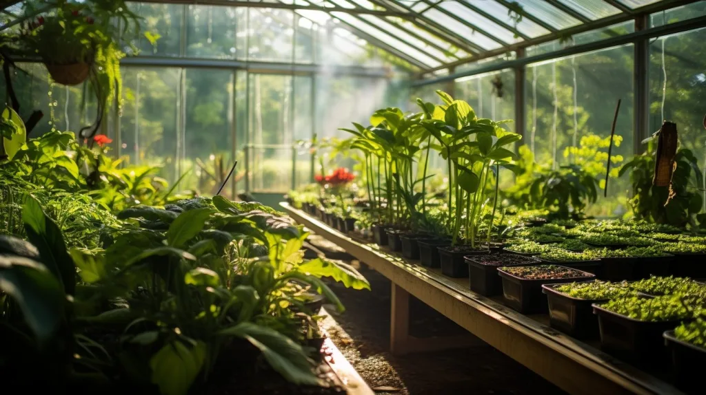 A greenhouse showing off its irrigation system and fresh produce
