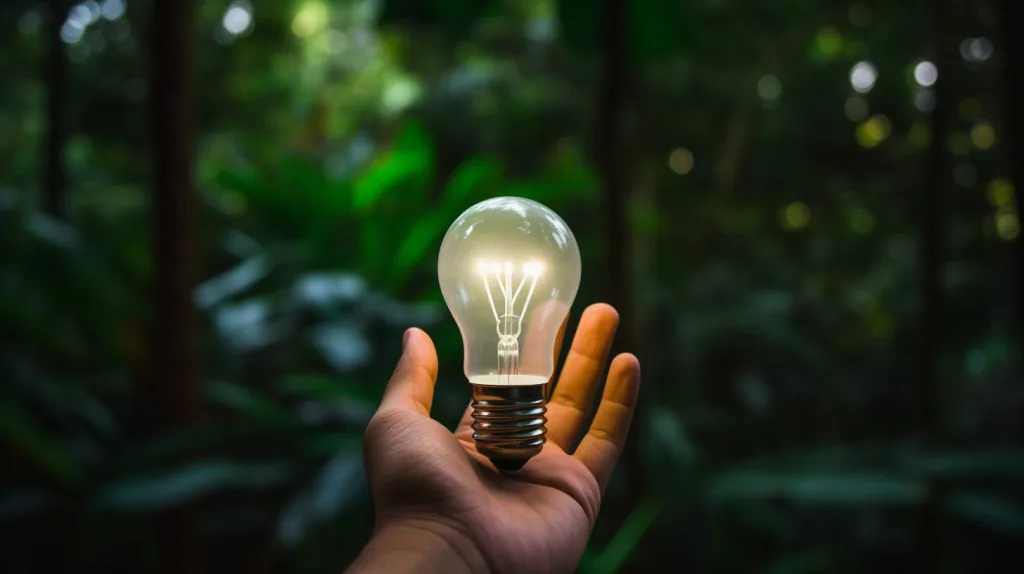 A man holding up a lightbulb with the rainforest in the background