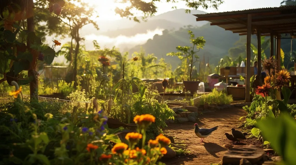An off-grid garden with flowers and birds