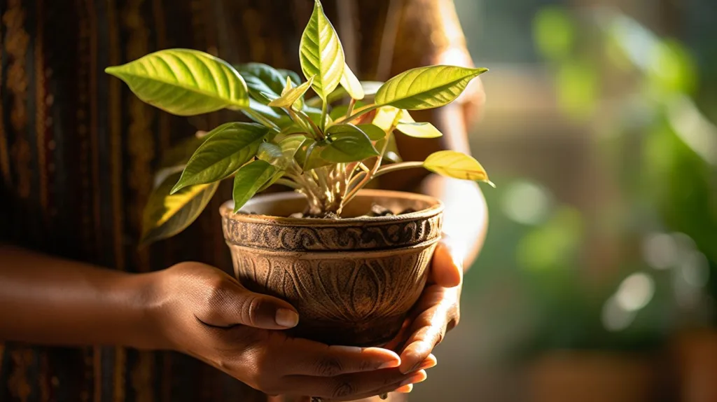 A woman grasping a pot plant with her hands