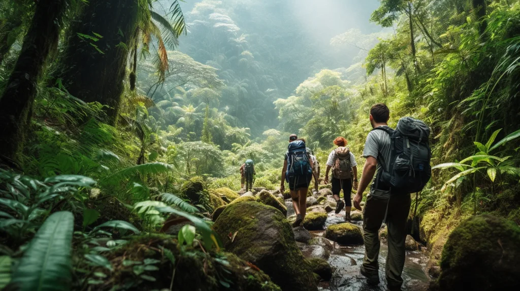 A group of hikers in the rainforest