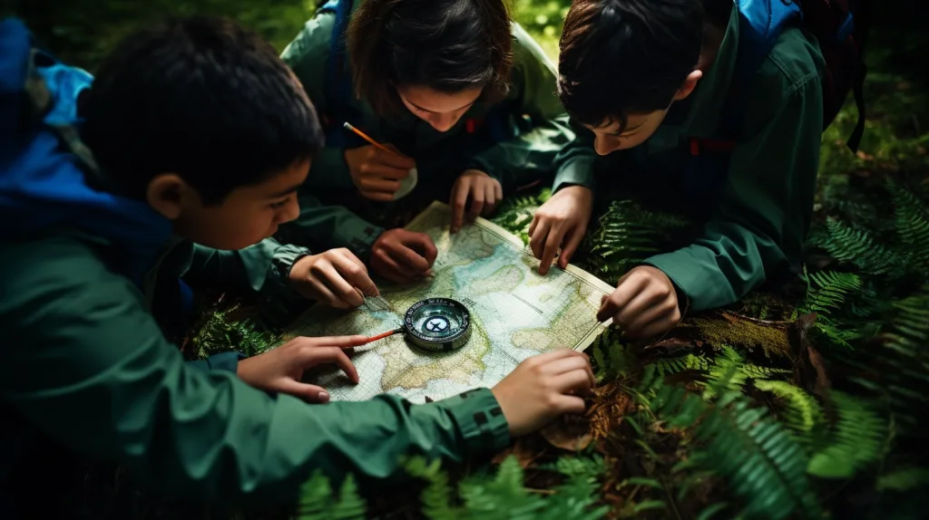 A group of young hikers using a map and compass