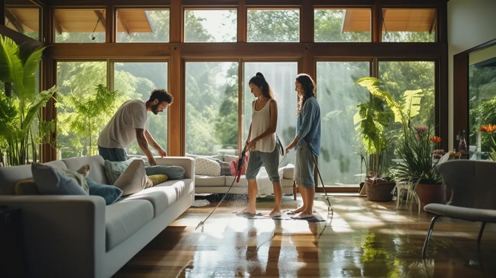 A deep clean of living room using green cleaning products