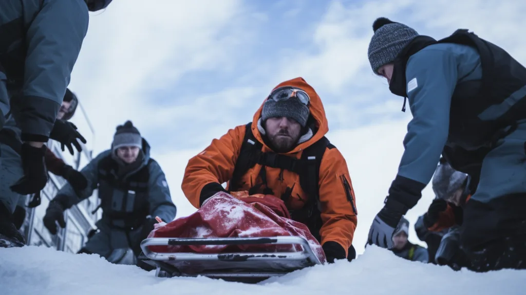 A rescue team assisting a hiker suffering from hypothermia