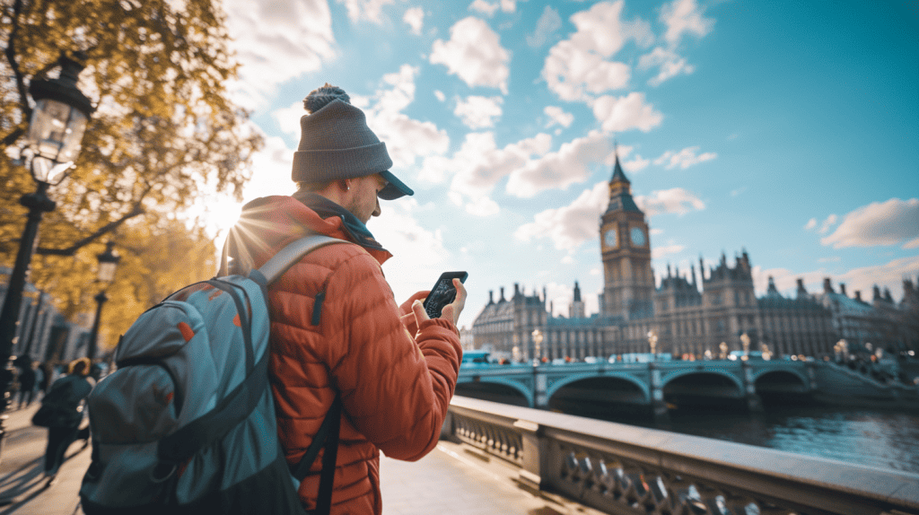 An adventurous globetrotter explores a bustling cityscape at night.