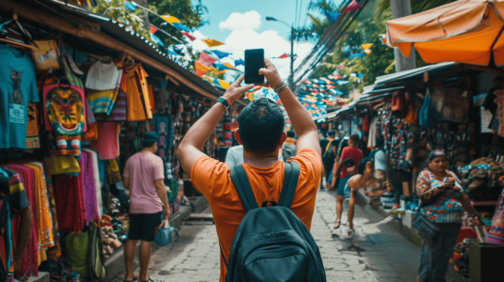 A traveler compares eSIM and local SIM card surrounded by international flags. A man searching for phone signal in a busy marketplace.