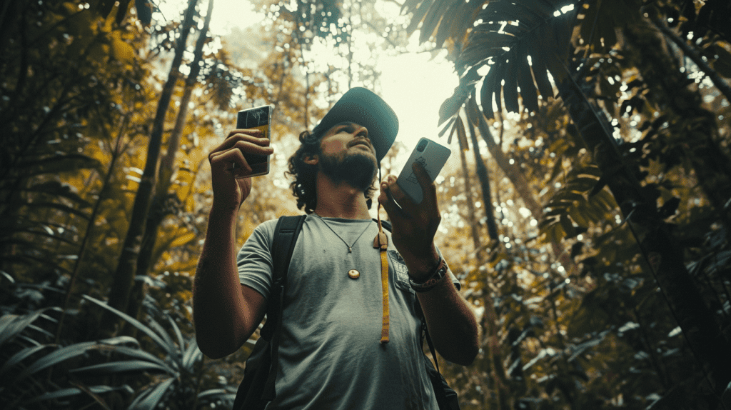 A traveler comparing eSIM app features at a modern desk.